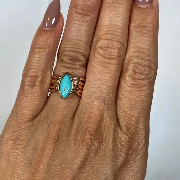 Gold tone ring with turquoise coloured stone - multiple sizes - New - Picture 2 of 3